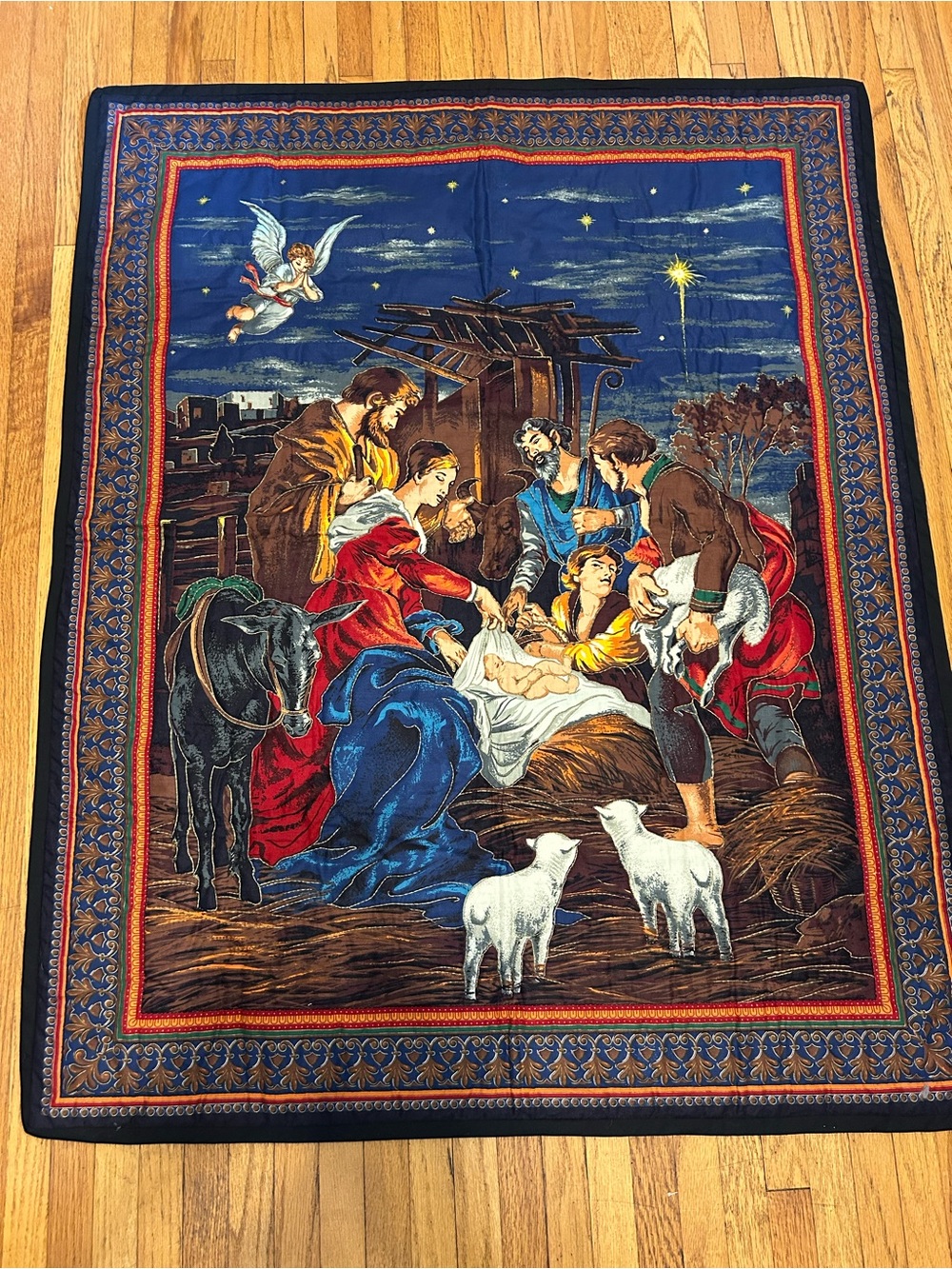 Home Holiday Nativity quilted Wall Hanging in Blue and Red 34”x42.5”